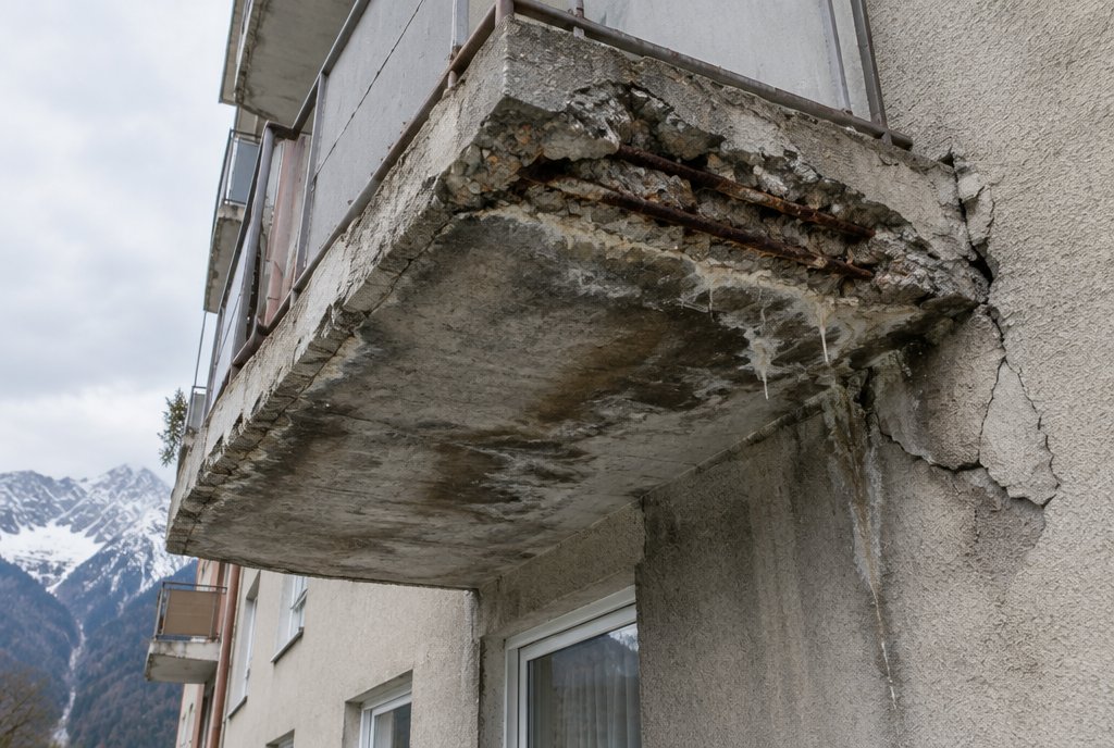 Balkonplatte mit Abplatzungen und Wasserspuren an der Außenwand