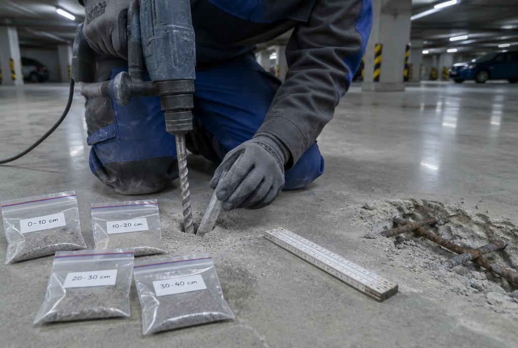 Entnahme von Bohrmehlproben in einer Tiefgarage