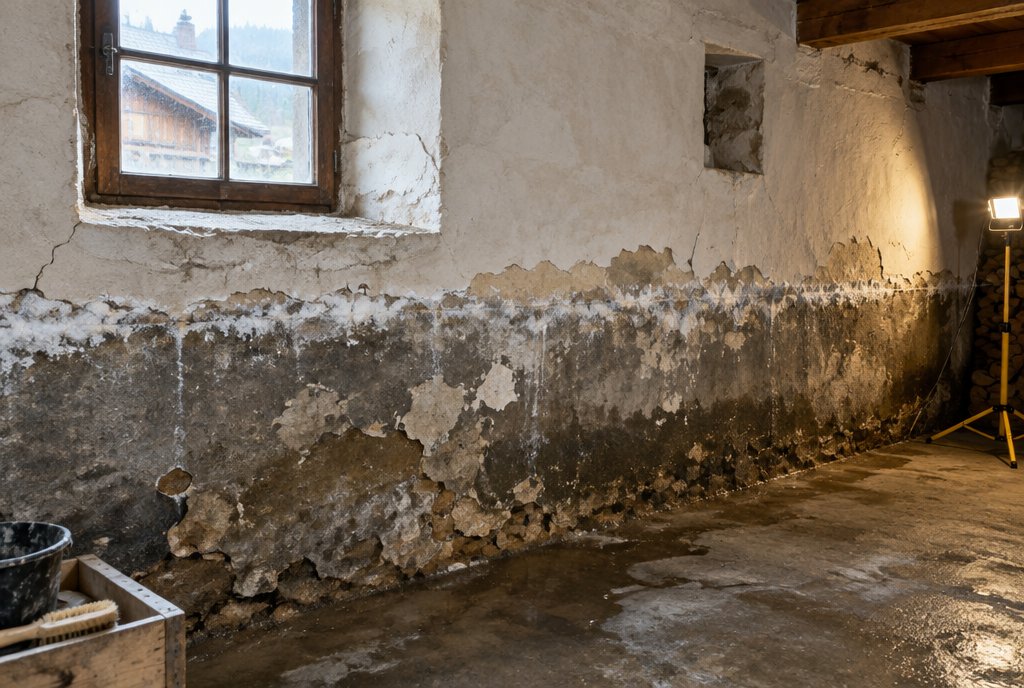 Kellerwand mit aufsteigender Feuchte und Salzausblühungen