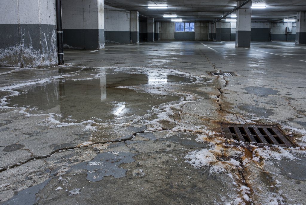 Tiefgaragenboden mit Salzrändern, Rissen und abgelöster Beschichtung