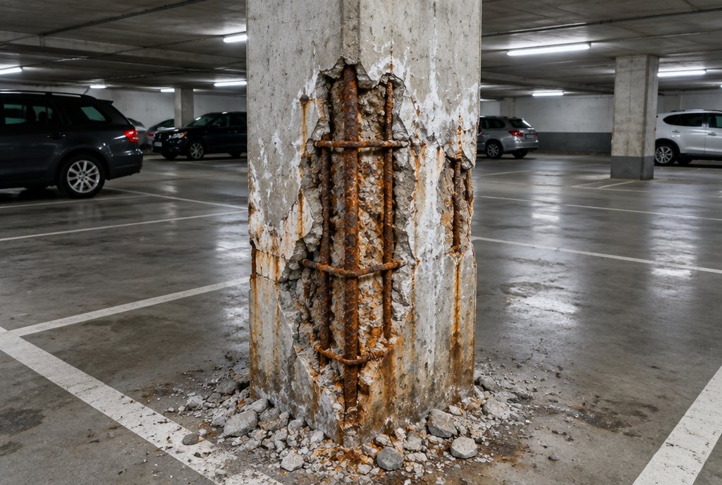 Tiefgaragenstütze mit Abplatzungen und freiliegender, korrodierter Bewehrung